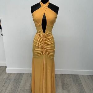 Mustard Yellow Halter Maxi Dress | Ruched Cutout Bodycon Dress